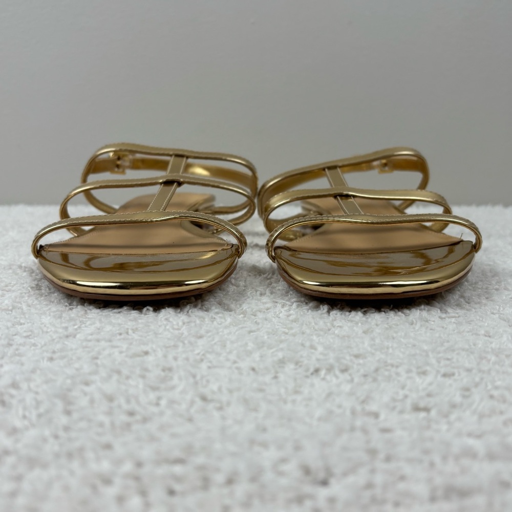 J. Crew Factory Sandals Womens 10.5 Gold Ankle‎ Strap Open Toe Buckle Flats - Picture 6 of 13